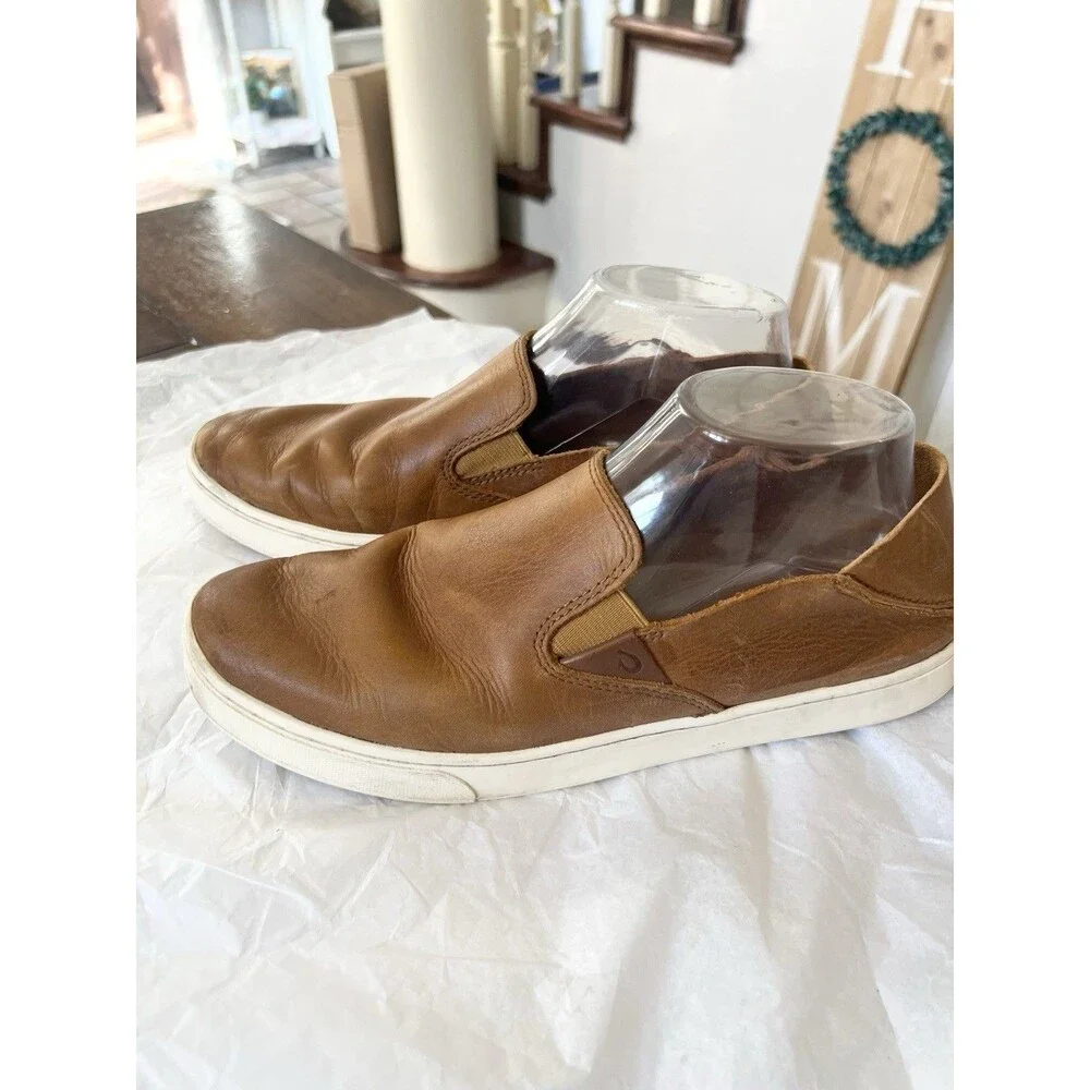 OluKai Pehuea Leather Slip On Shoes Floc Fox Brown Slides 2 Way Loafers Size 9.5